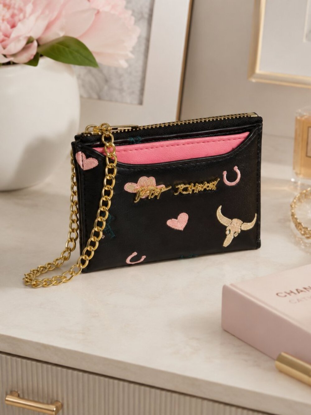 Betsey Johnson Black Zip Wallet Coin Pouch Gold Chain Heart Print NWT